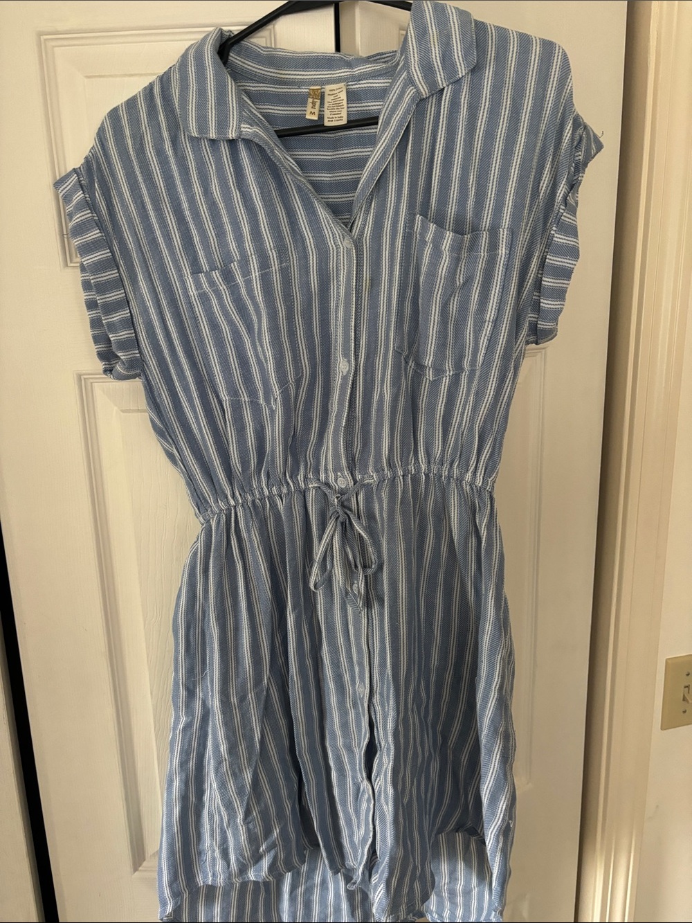 100% cotton Light Blue White Striped Shirt Dress